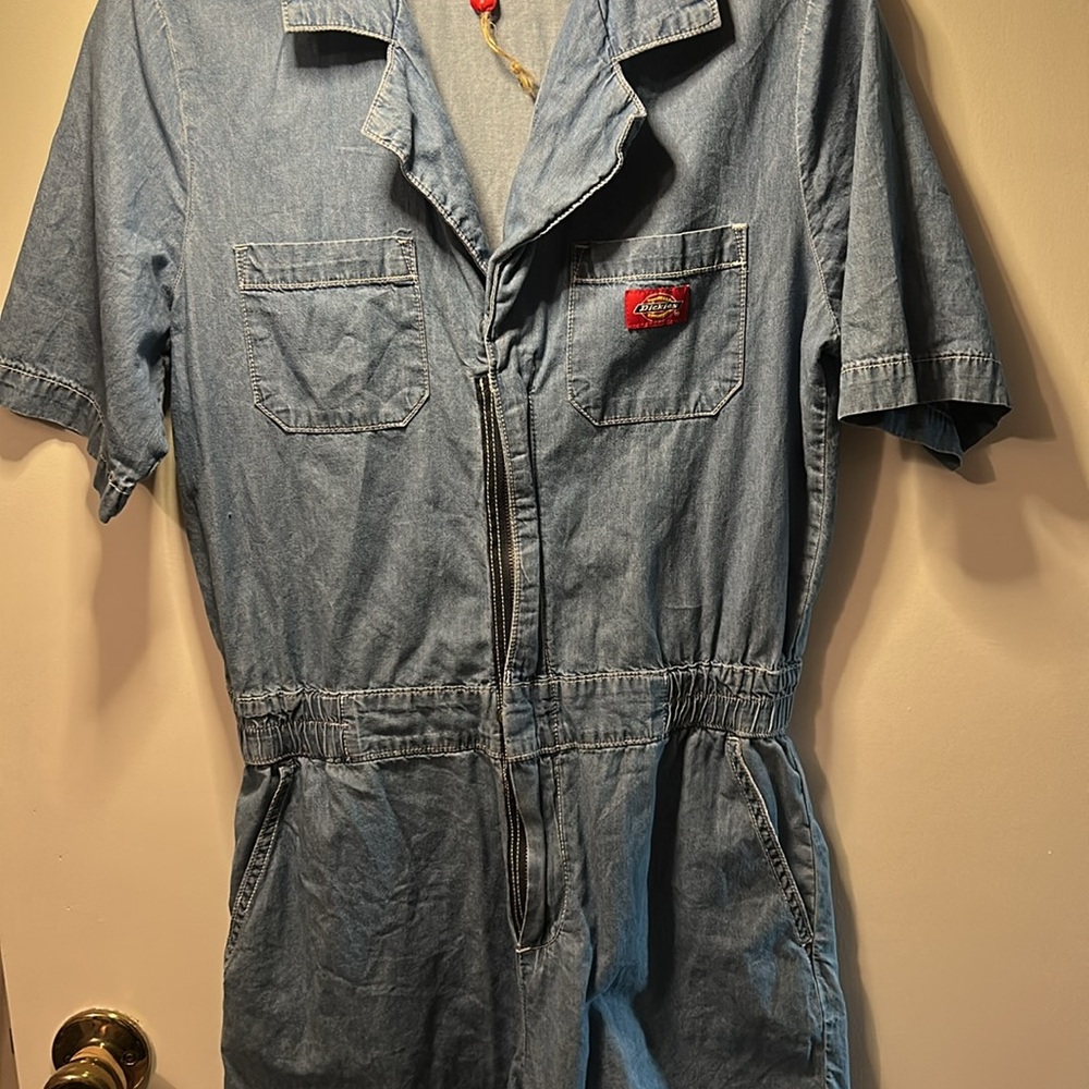 Dickies Overall Cuffed Denim Shortall Blue Snap Zipper Closure Junior small - Picture 3 of 4